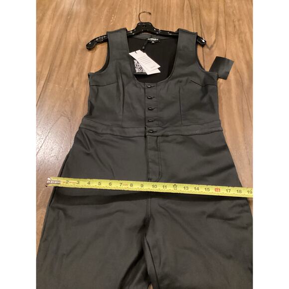 Retrofete Mckinnon Black Coated Denim Jumpsuit Plunge Flare Leg XL NWT - Picture 10 of 11